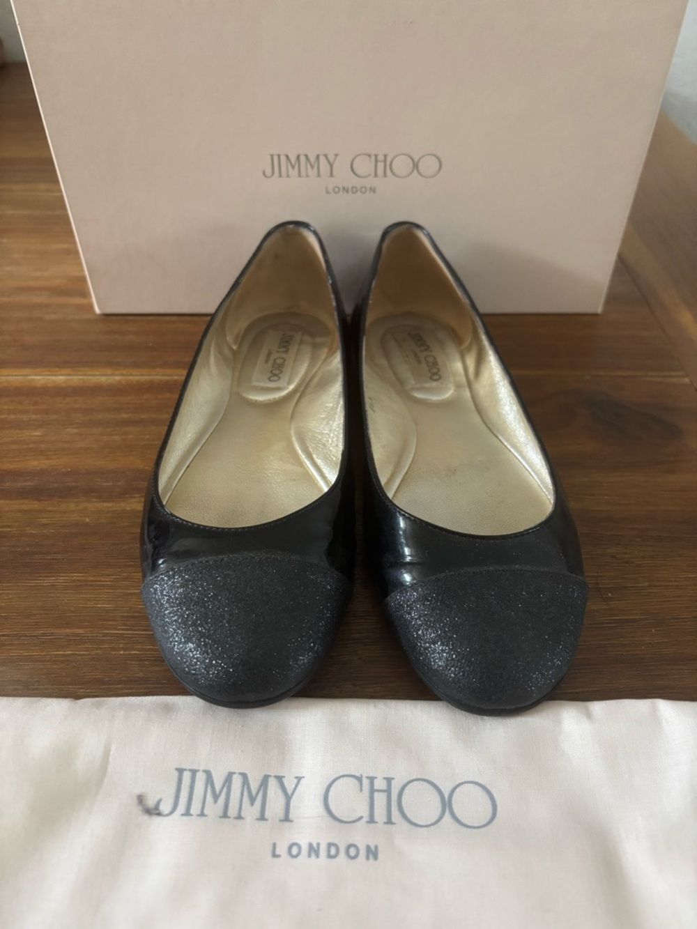 Jimmy Choo Black Glitter Cap-Toe Ballet Flats